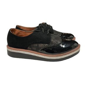 CINK-ME Patent Leather Oxford Platform Wingtip Brogue Shoes Black Texture Size 7